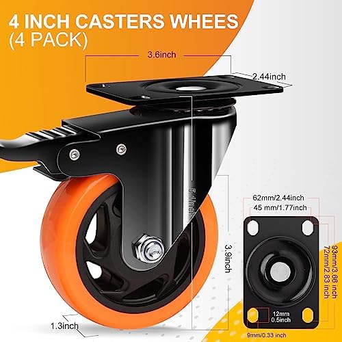 QNCZ 4" Caster Wheels, Outstanding Casters Set of 4 Heavy Duty, Silent Industrial Casters, Locking Casters Wheels for Furniture, Castor Wheels for Cart, Workbench.