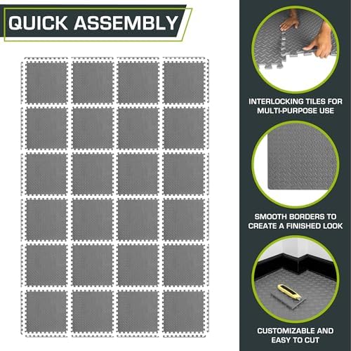 ProsourceFit Exercise Puzzle Mat 1/2-inch, EVA Interlocking Foam Floor Tiles for Home Gym, Workout Equipment, Kids Play Areas, Gray, 96 SQ FT - 24 Tiles