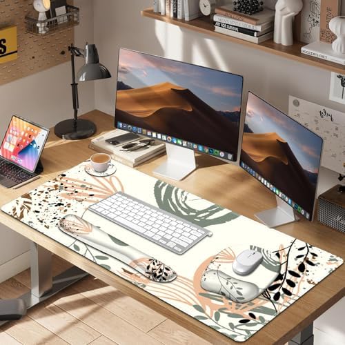 Large Mouse Pad with Wrist Support 4 in1 Set, XXL Big Game Mousepad + Keyboard Wrist Rest+Mouse Wrist Rest+Coaster Ergonomic Gaming Mat for Home Office Table Computer I Modern Boho Leaves