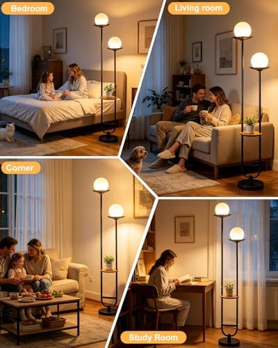 Lightdot 63IN Black Floor Lamp, U-Shape 2 Globe Mid Century Standing Lamps Dimmable with 3000K Warm White LED Bulbs, Unique Vintage Tall Floor Lamp for Living Room/Wedding/Party
