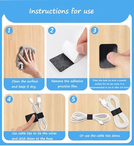 Under Desk Cable Management Kit: 20 Adhesive & 100 Zip Ties Black