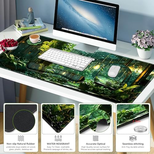 Large Mouse Pad with Wrist Support 4 in1 Set, XXL Big Game Mousepad + Keyboard Wrist Rest+Mouse Wrist Rest Pad +Coaster Gaming Mat for Women Men Home Office Computer I Green Plants Romantic Rain
