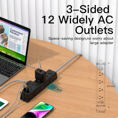 10FT Power Strip Surge Protector, 12 Wide Spaced Outlets 4 USB Ports