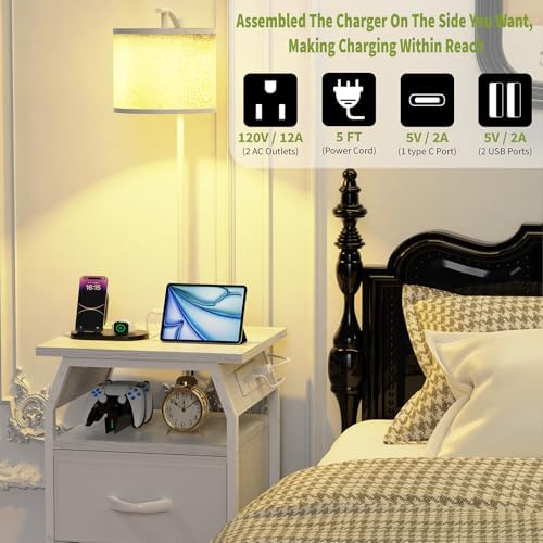 runjuly Floor Lamp with Table, End Table with Light and Charging, White