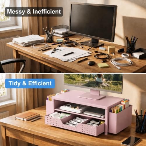 ECOLOVI Desk Organizer and Accessories, 2-Tier Computer Monitor Stand Rise with Storage Drawer & 2 Pen Holders, Laptop & Printer Stand for Desktop, Workspace Organizers for Office Supplies (Pink)