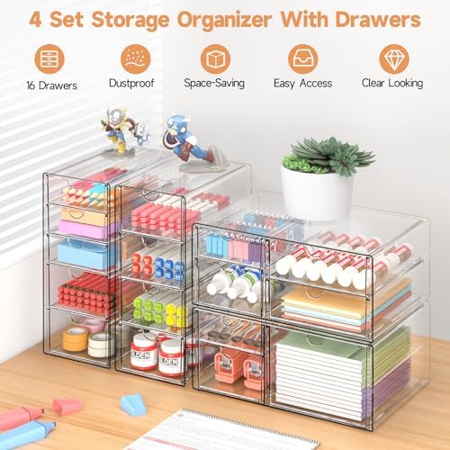 DOMNIU Acrylic Makeup Drawer Storage Organizer with 16 Drawers, 4 Set