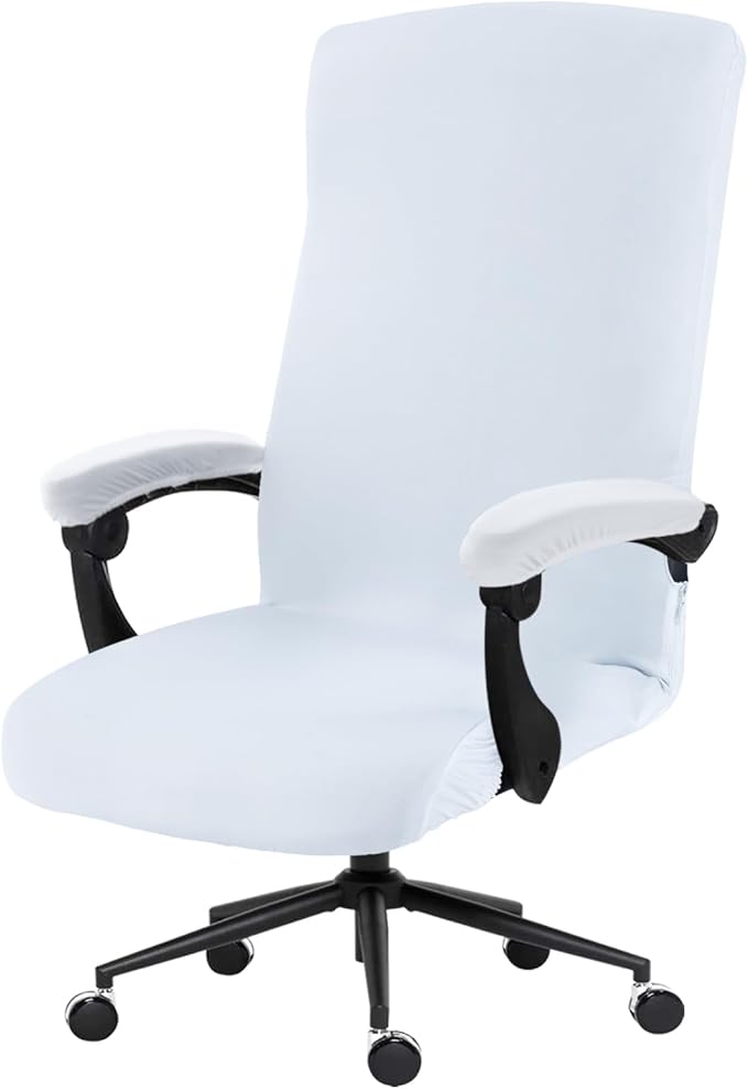 Stretch Computer Office Chair Cover with Armrest Covers Durable Zipper Universal Washable Removable Spandex Rotating Boss Chair Slipcovers Anti-dust Soft Desk Chair Seat Protector, White