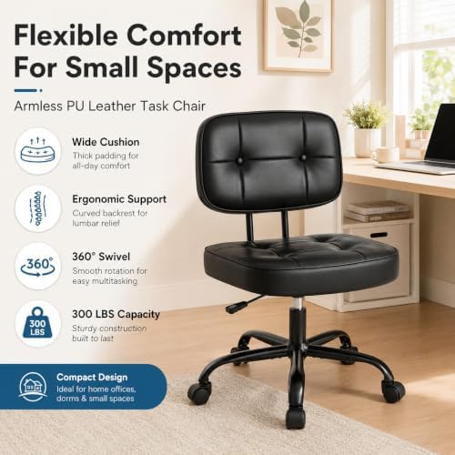 Armless Drafting Chair, Ergonomic PU Leather Home Office Computer Task Chair with Lumbar Support, Height Adjustable Swivel Rolling Chair for Small Spaces, Vanity, Bedroom, Study, Living Room, Black