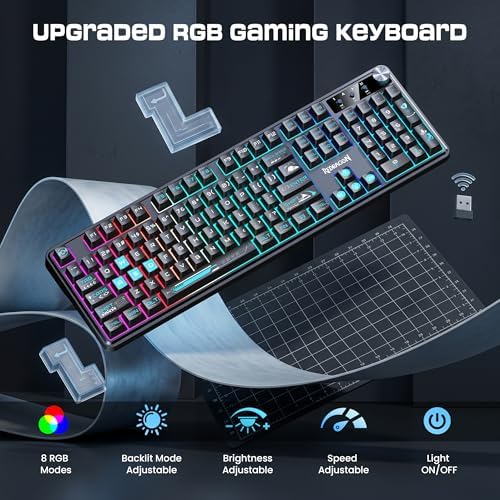 Redragon RM104 Wireless Gaming Keyboard with Knob, Tri-Mode BT/2.4G/USB-C RGB Computer Keyboards, 4000mAh Battery, Programmable Software Support, Anti-Ghosting, Compatible with PC Mac - Black & Blue