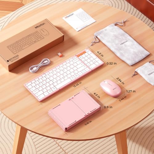 MEETION Foldable Bluetooth Keyboard and Mouse, Portable Combo Pink
