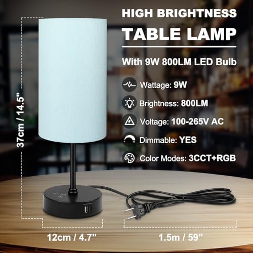 Unicozin Table Lamp for Bedroom, 3 Color Temperatures, 7 RGB Colors, Adjustable Brightness, Dual USB Charging Ports, Ambience Nightstand Light with Blue Shade, Desk Lamp for Kids Reading Home Office