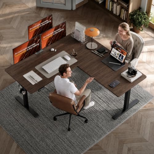 Grandder 63 x 55 Inch L Shaped Standing Desk, Electric Height Adjustable Corner Stand Up Desk, Sit Stand Corner Table Home Office Table, Walnut Top Black Frame