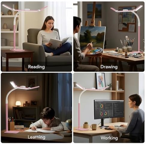 LED Desk Lamp for Home Office with Base, 28.2" Adjustable Gooseneck Swing Arm Bright Desk Light, Dimmable Architect Table Lamp for Desktop Computer Light, Reading, Study, Workbench(Pink)