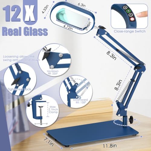 Drdefi 12X Square Magnifying Glass with Light and Stand, Real Glass LED Lighted Magnifier, 5 Color Modes Stepless Dimmable, Hands-Free Mag Desk Lamp with Clamp for Reading Craft Hobby Close Work Blue
