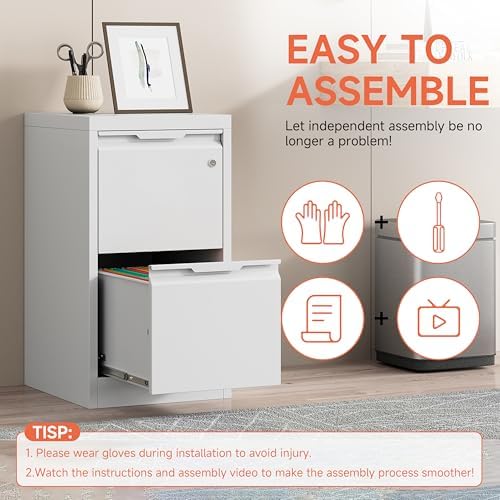 Metal Filing Cabinet with Lock,Vertical File Cabinet 2 Drawer,White File Cabinet with Lock for Home Office/Legal/Letter/A4,Lockable File Cabinets for Hanging File -Assembly Required