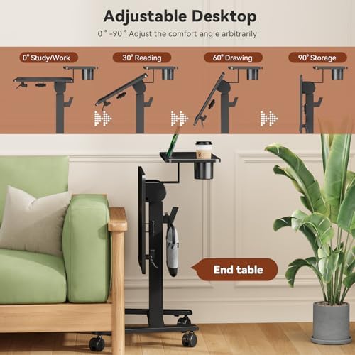 28" Mobile Standing Desk, Tiltable Top with 2-Tier Shelves, Black