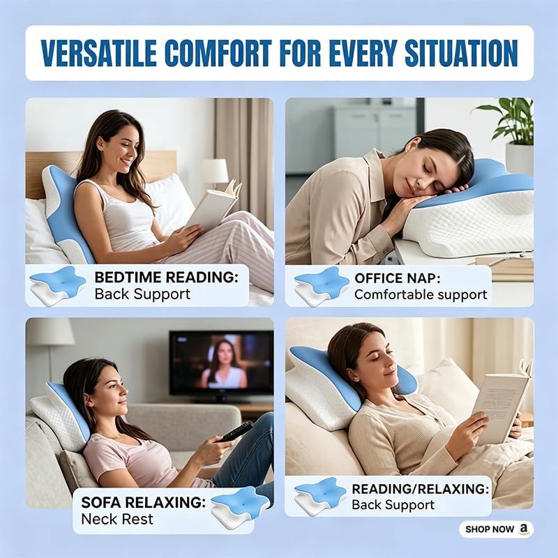 Cooling Neck Support Pillow, Adjustable Cervical Memory Foam for Pain Relief, Odorless Ergonomic Orthopedic Bed Pillows for Side Back Stomach Sleepers, Cozy Sleeping (Blue)