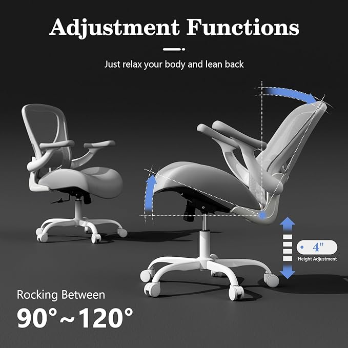GYI Ergonomic Office Chair, Computer Desk Chair with Memory Foam Seat, Technical Mesh Back, 3D Flip-up Arms, Adjustable Lumbar Support&Height, Wheels for Home or Office, Grey White