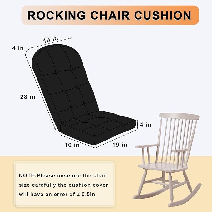 Rocking Chair Cushion - Chenille Fabric, High-Density Sponge, Durable Comfort Non-Slip Bottom Tufted Seat Pads with Ties, Chenille︱Black, 44x19x4 inch