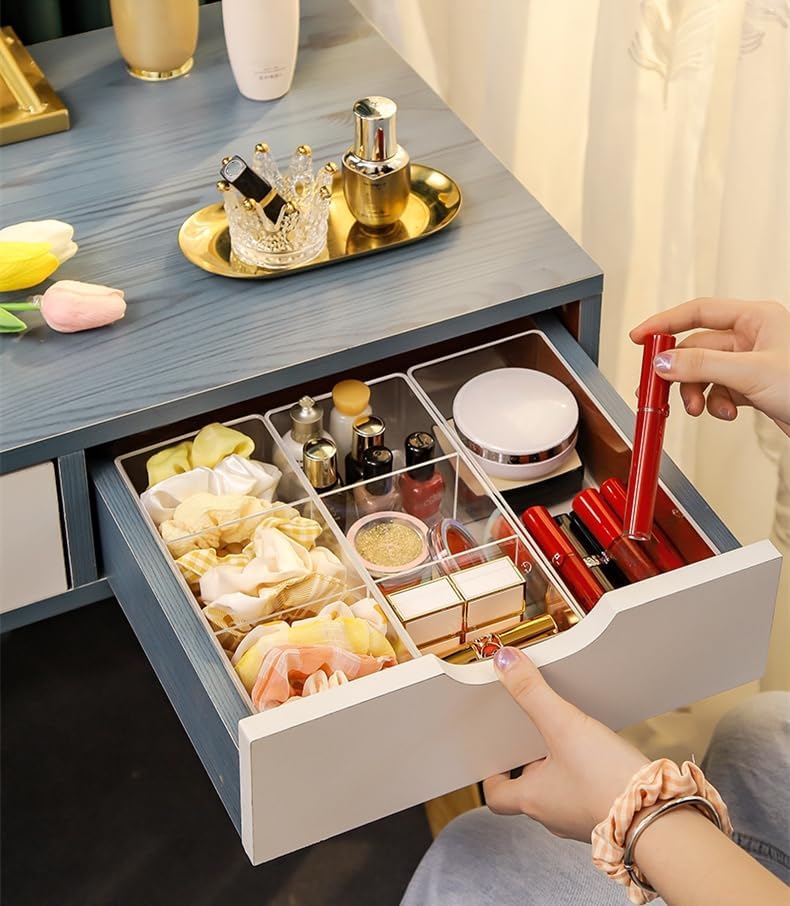 Stackable Clear Drawer Organizers Small Makeup Vanity Storage Bins Trays and Office Desk Drawer Dividers Single Compartment 2 Pack