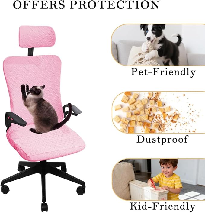 Ergonomic Office Chair Covers Set with Headrest Cover Stretch Desk Computer Chair and Headrest Slipcovers Washable Protector Slipcovers for Swivel Computer Chair 4 Pieces Pink