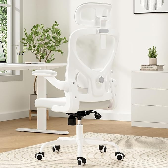 Breathable Mesh Elegance Office Chair, Modern Refined Office Chair with Adjustable Lumbar & Headrest, Minimalist Single Sofa Chairs for Home Office & Study, White