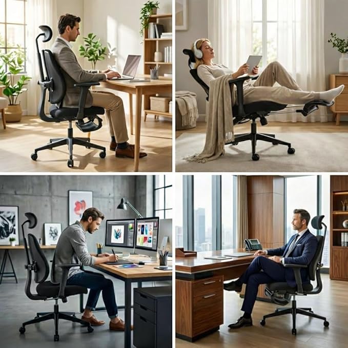 Flex Ergonomic Office Chair with Dynamic Split-Back Design, 3.15" Ultra-Thickened High-Density Molded Foam Seat, 4D Adjustable Armrests, High Back Computer Desk Chair with Footrest, Black