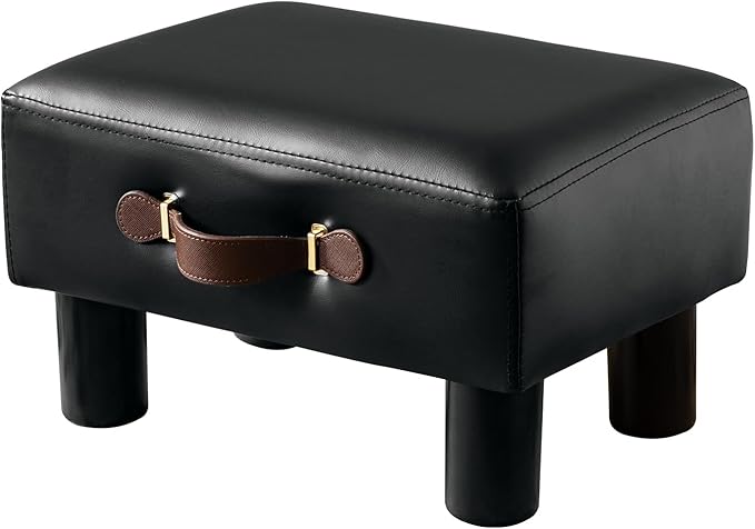 Small Foot Stool with Handle, Black PU Leather Short Foot Stool Rest, Rectangle Storage Foot Stools Ottoman with Plastic Legs, Padded Footstool Small Step Stool for Living Room, Office, Desk, Patio