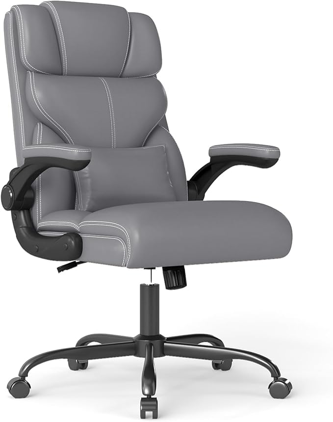 Executive Office Chair with Flip-up Armrests,Ergonomic Computer Desk Chairs,Mid-Tall Back Leather Office Chair 400 Lbs,Lumbar Support Swivel PC Chair with Rocking Function