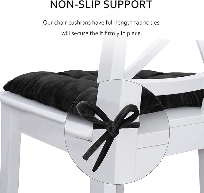 ELFJOY 4 Pack Chair Cushions for Dining Chairs Chair Pads Cushion for Kitchen Office Tufted Square Seat Cushion with Ties (16" Black Velvet)