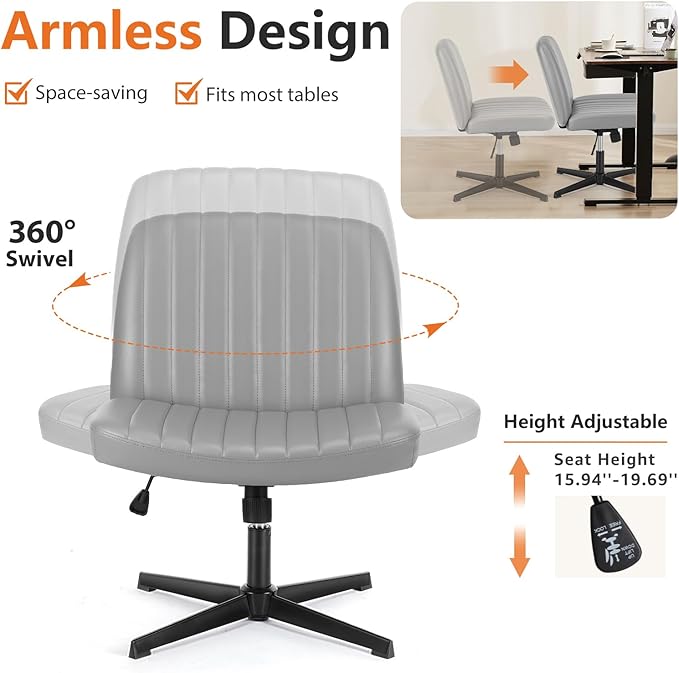 Sweetcrispy Criss Cross Chair Legged, PU Leather Armless Office Swivel Desk Chairs No Wheels, Vanity Height Adjustable Wide Seat Faux Leather Computer Task Chair for Home Bedroom, PU-Grey