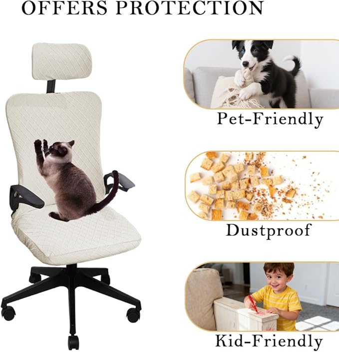 Ergonomic Office Chair Covers Set with Headrest Cover Stretch Desk Computer Chair and Headrest Slipcovers Washable Protector Slipcovers for Swivel Computer Chair 2 Pieces White