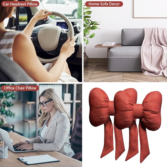 LYFJMUS 4 Pack Butterfly Bow Car Headrest Pillow Set Car Seat Neck Pillow and Lumbar Support Pillow Cotton Linen Car Headrest Pillow Set for Driving Travelling Office Home Decor