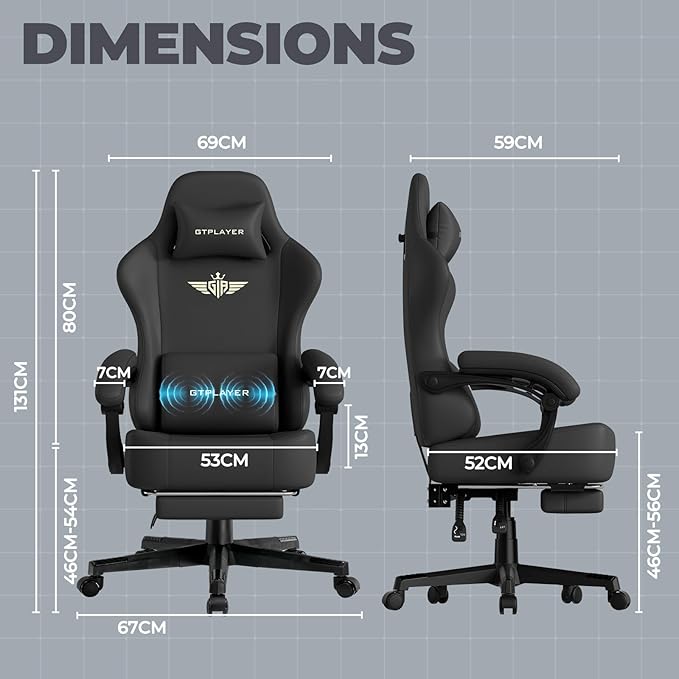 GTPLAYER Gaming Chair with Pocket Spring Cushion, Big and Tall Gamings Chairs 350LBS High Back Computer Chair with Footrest for Adults Lumbar Support Swivel Game Chair for Office,Leather Black-Massage