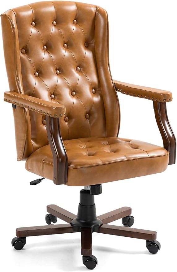Executive Office Chair, Ergonomic Faux Leather Desk Chair with Wingback Design, Swivel Adjustable Home Office Chair for Computer Desk, Comfortable Task Chair for Home Office, Brown