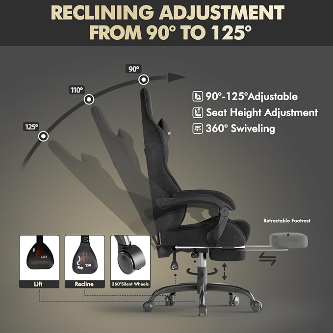 Gaming Chair Racing for Adult, Office Chair with Footrest Massage Lumbar Cushion, Velvet Fabric Reclining Video Game Chairs, Ergonomic Computer Chairs Height Adjustable, for Home Streaming, Black