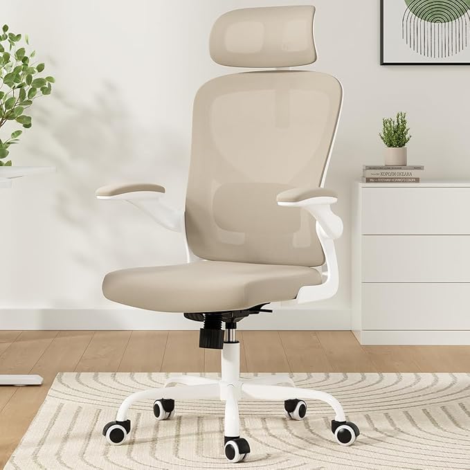 Breathable Mesh Elegance Office Chair, Modern Refined Office Chair with Adjustable Lumbar & Headrest, Minimalist Single Sofa Chairs for Home Office & Study, Khaki,White