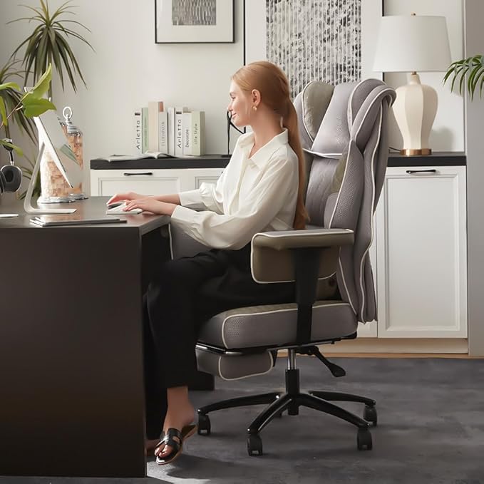 Dowinx Big and Tall Office Chair with Massage Lumbar Support,Executive Office Chair with Wide Thick Seat Cushion and Adjustable Armrest,Mesh Computer Gaming Chairs with Footrest,Grey