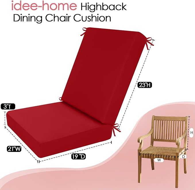 idee-home Outdoor Dining Chair Cushion, Patio Seat Cushion High Back Waterproof Seat Pads with Removable Cover, Indoor Chair Pads Deep, Red