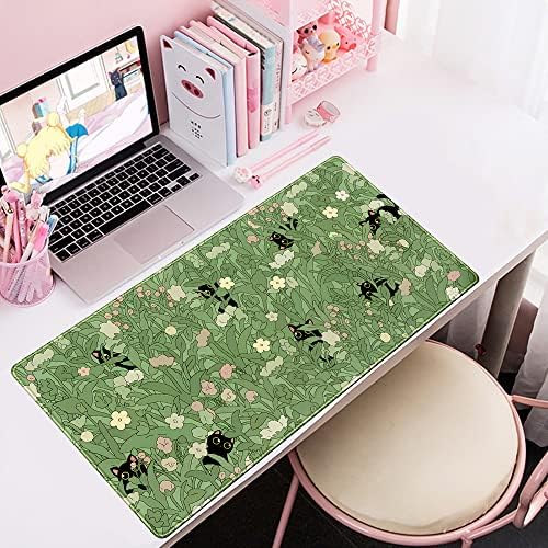 YKJWW Green Desk Mat Cat Cute Flower Plant Cool Desk Pad XXL Keyboard Mat