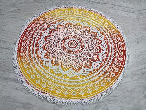 Round Beach Tapestry Turquoise Mandala Throw/Boho Hippie Beach Blanket Roundie/Indian Cotton Bohemian Large Round Table Cloth-Home Decor/Yoga Mat Meditation Picnic Rug (42", Yellow-Orange)