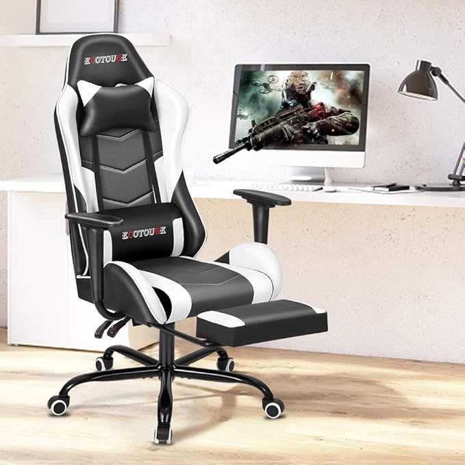 ECOTOUGE PC Massage Gaming Chair with Footrest Ergonomic Office Desk Chair Racing PU Leather Recliner Swivel Rocker with Headrest and Lumbar Pillow,White