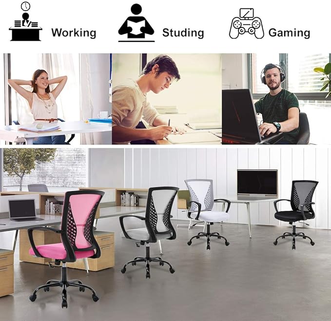 Office Chair Desk Chair Computer Chair with Lumbar Support Armrest Mid Back Rolling Swivel Task Adjustable Mesh Ergonomic Chair for Women Adults, Pink