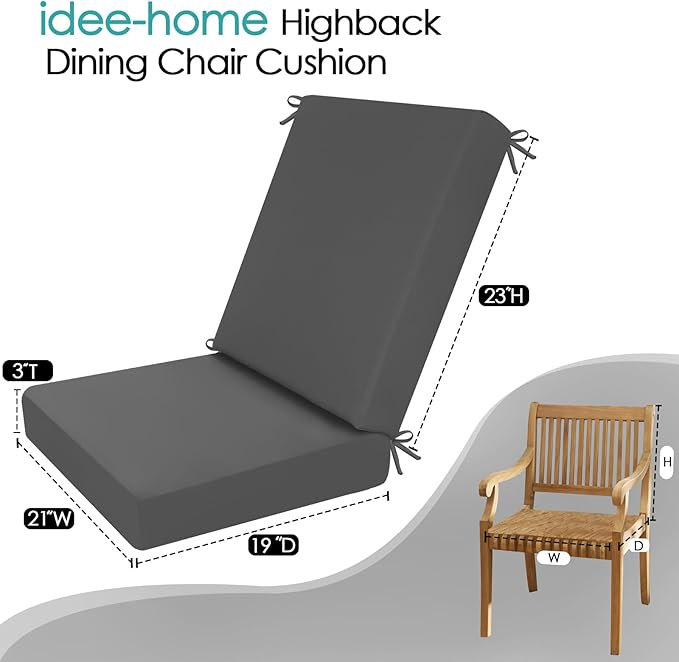 idee-home Outdoor Patio Dining Chair Cushion, High Back Density Foam Chair Cushions Seat with Removable Cover, WeatherResistant Indoor Deep