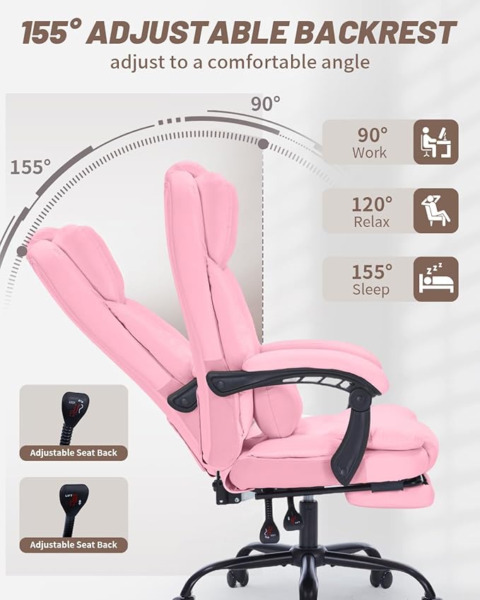 600lbs Office Chair with Footrest, Executive Chair with Padded Armrests, Reclining Desk Chair with Lumbar Support, High Back Leather Chair for Heavy People (Pink)