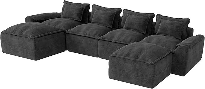 Hobestluk 152" Cloud Modular Sectional Couch 4-Seater Sofa with Ottomans U Shaped Couches Deep Seat Boneless Sofa for Living Room (Dark Grey, 4-Seater Sofa with Two Ottomans)
