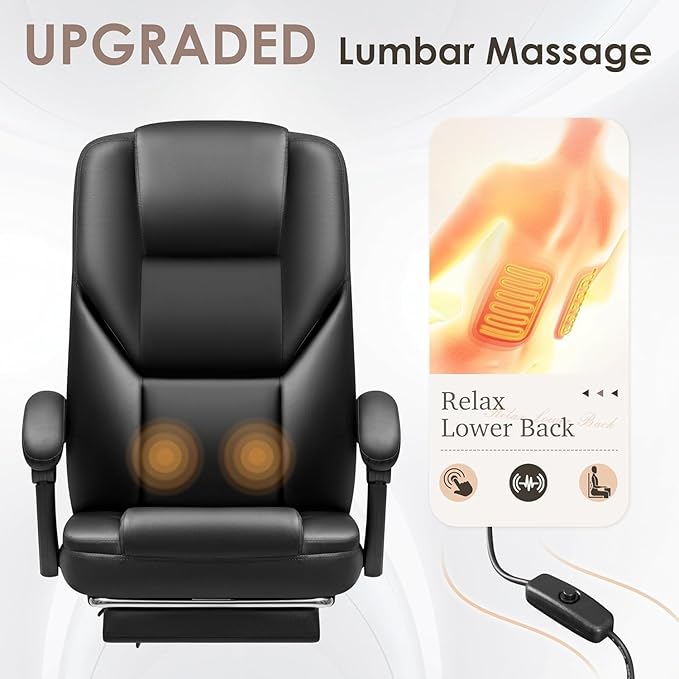 Shahoo Executive Office Chair with Massage, Ergonomic Reclining High Back Leather Seats with Footrest and Lumbar Support, Big and Tall, 400Lbs Heavy Duty, Dark Black