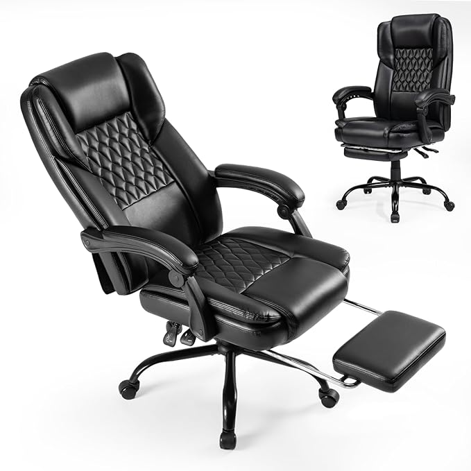 350lbs Big and Tall Executive Office Chair with Footrest, Reclining High Back Leather Desk Chair, Wide Seat with Pocket Spring Lumbar Support and Pillow, Ergonomic Computer Chair for Home Office Black