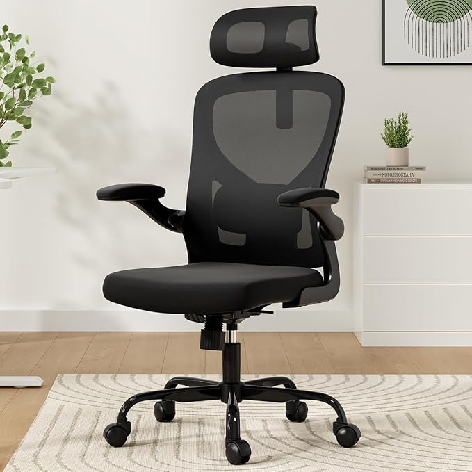 Breathable Mesh Elegance Office Chair, Modern Refined Office Chair with Adjustable Lumbar & Headrest, Minimalist Single Sofa Chairs for Home Office & Study, Black