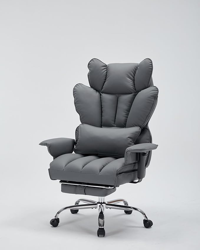 Garvee Big and Tall Office Chair, Executive Leather Office Chair with Footrest, 400lbs Ergonomic Gaming Chair for Adults, Wide Seat Computer Desk Chair with Lumbar Support, 150 Degree Reclining, Gray